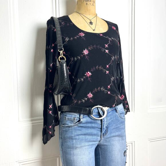 Hourglass Whimsygoth grunge black long sleeve top flared sheer sleeves floral - Picture 2 of 8